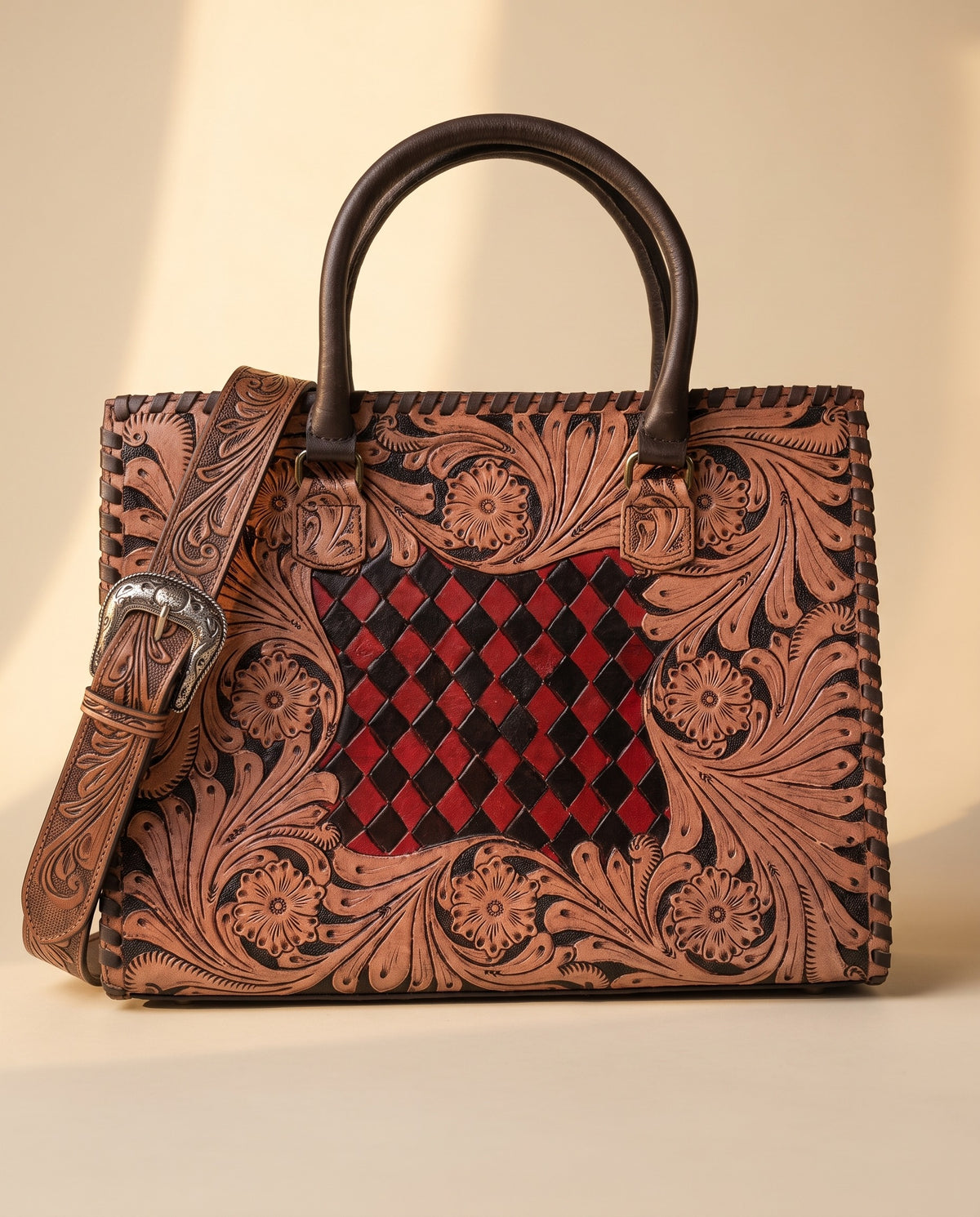 Red woven checker hand-tooled leather tote, angled view, by Ya Qalbi