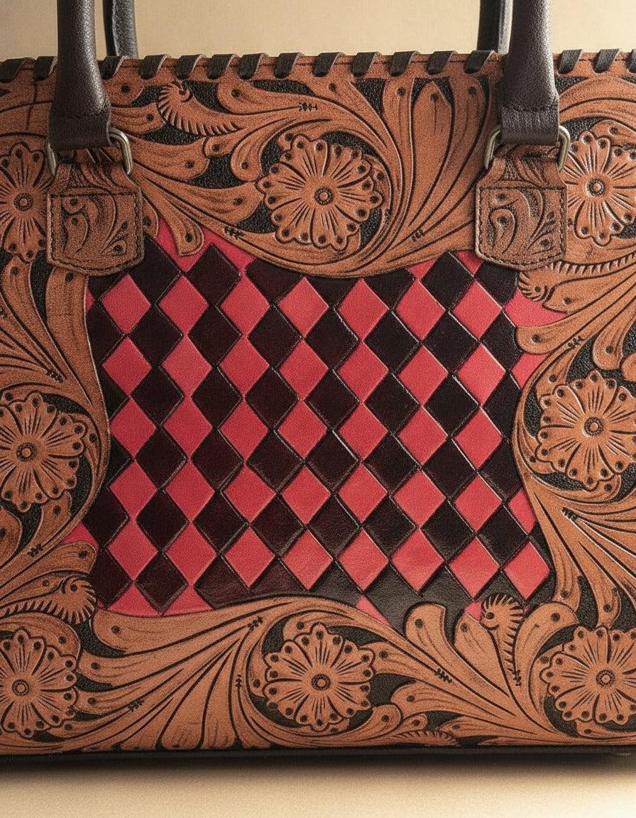 Red woven checker hand-tooled leather tote, woven checker panel close-up, by Ya Qalbi