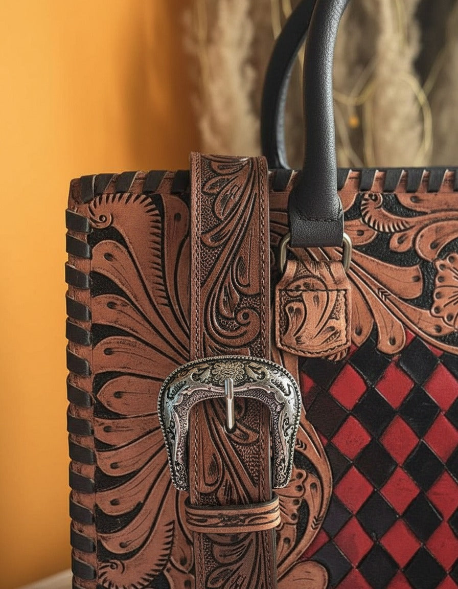 Red woven checker hand-tooled leather tote, western buckle strap close-up, by Ya Qalbi