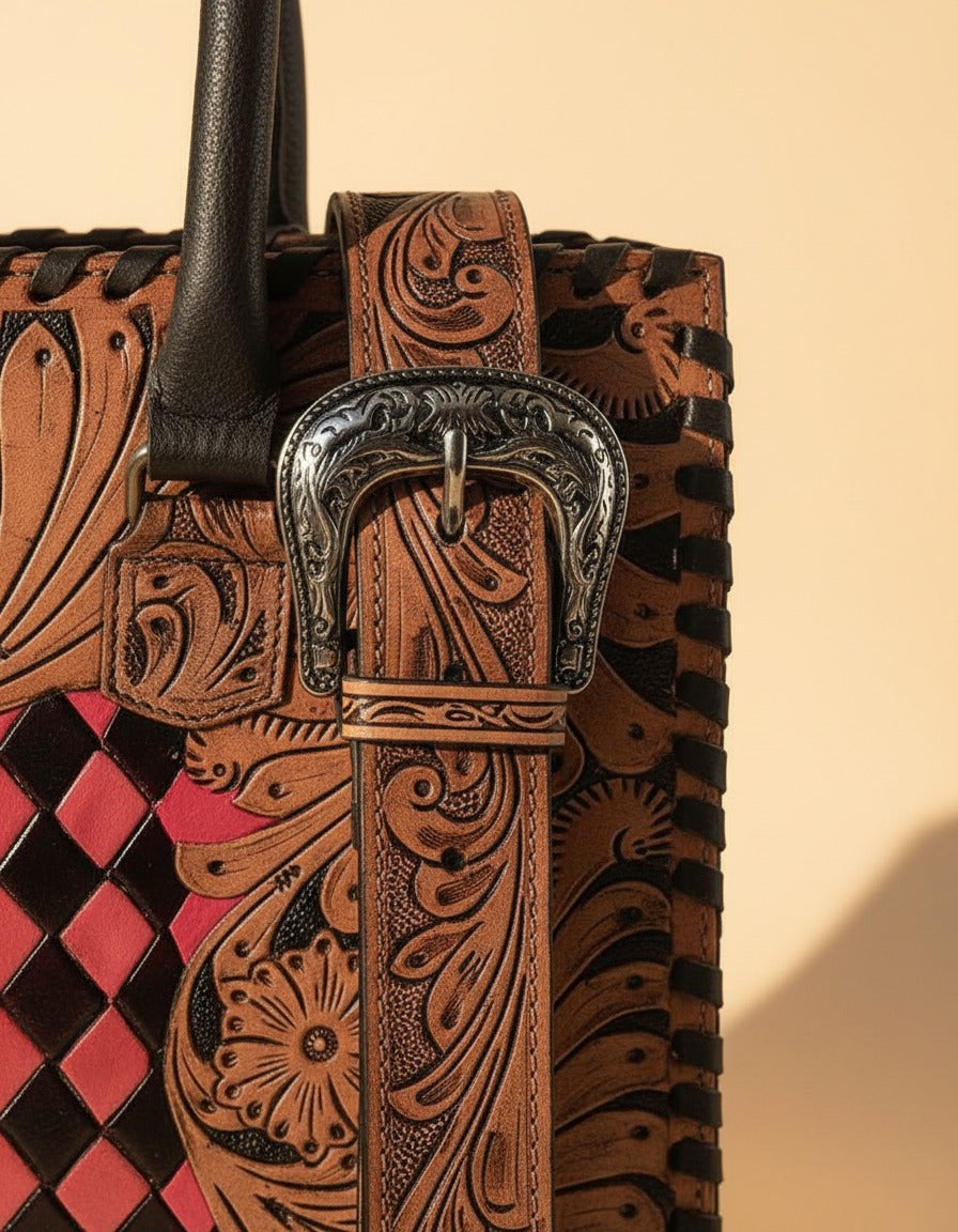 Red woven checker hand-tooled leather tote, western buckle close-up, by Ya Qalbi