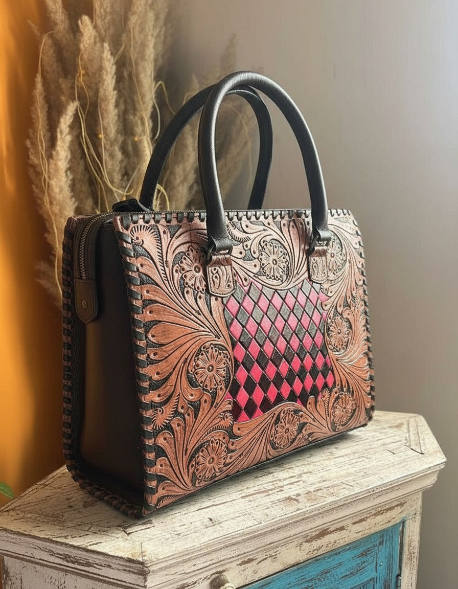 Red woven checker hand-tooled leather tote, styled on a wooden chest, by Ya Qalbi