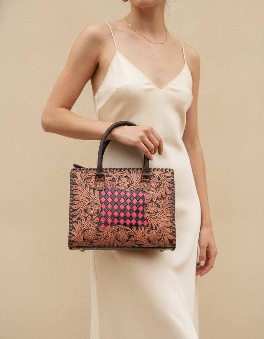 Red woven checker hand-tooled leather tote, worn by a model, by Ya Qalbi