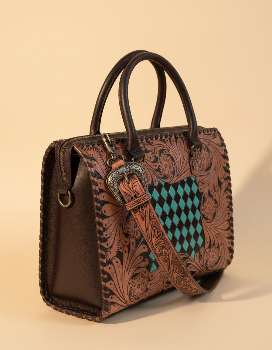 Teal woven checker hand-tooled leather tote, angled view, by Ya Qalbi