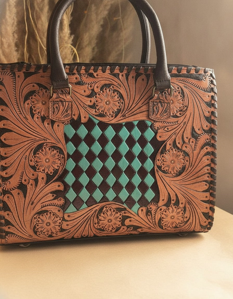 Teal woven checker hand-tooled leather tote, woven checker panel close-up, by Ya Qalbi