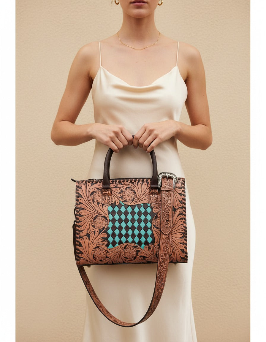 Teal woven checker hand-tooled leather tote, worn by a model, by Ya Qalbi