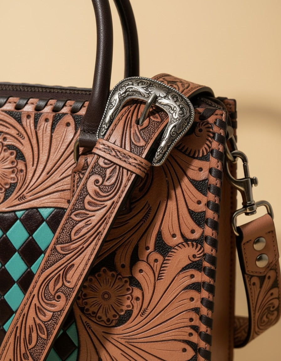 Teal woven checker hand-tooled leather tote, strap and side close-up, by Ya Qalbi